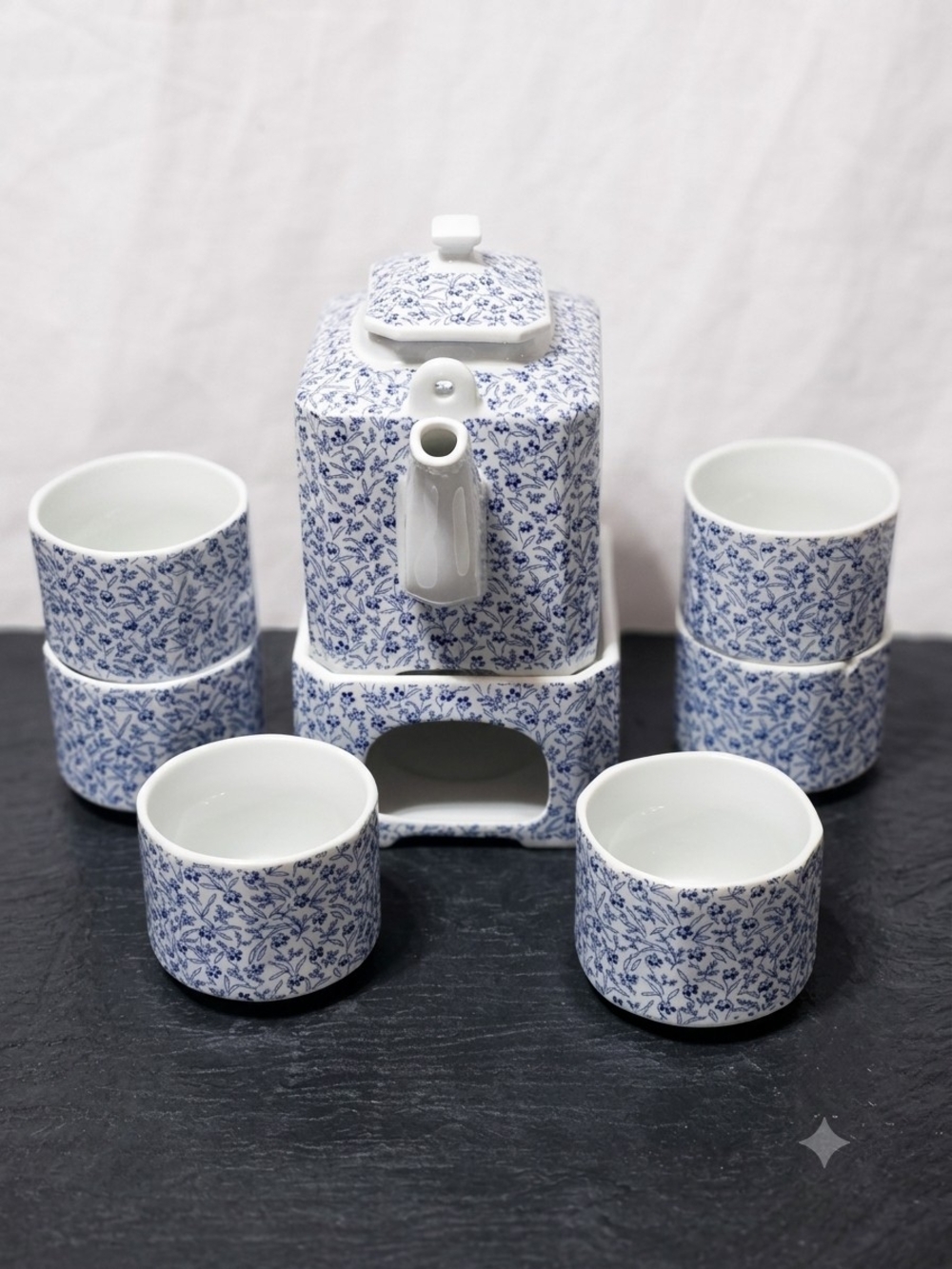 Vintage Blue & White Floral Ceramic Teapot Set with Warmer Stand & 6 Cups